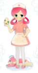  1girl audino egg full_body hat highres holding joy_(pokemon) nurse nurse_cap on_stomach pantyhose pokemon pokemon_(creature) signature standing takai_seika uniform watermark web_address 