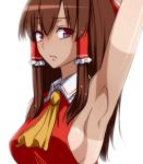  :/ arm_up armpits breasts brown_eyes brown_hair bust hair_tubes hakurei_reimu kanaria_(artist) long_hair sideboob simple_background solo tan tanline tori_(minamopa) touhou white_background 