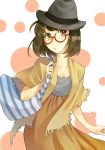  :o bag brown_eyes brown_hair glasses hat hat_ribbon original ribbon short_hair solo striped striped_legwear t-okada 