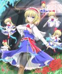  alice_margatroid bad_id blonde_hair blue_eyes boots bow capelet doll flower frills hairband highres leggings pantyhose pen-zin rose sash shanghai_doll short_hair solo string sunlight sword touhou weapon window 