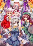  :d adapted_costume arm_up armpits ascot bad_id bare_shoulders bat_wings blonde_hair blue_eyes braid breasts clenched_hand dress fai flandre_scarlet gauntlets hat highres hong_meiling impossible_clothes impossible_dress izayoi_sakuya knife koakuma lavender_hair long_hair maid_headdress mecha multiple_girls open_mouth outstretched_arm patchouli_knowledge polearm red_eyes red_hair redhead remilia_scarlet short_hair silver_hair smile spear star touhou twin_braids weapon wings 