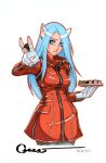  animal_ears blue_eyes blue_hair cat_ears cat_paws dated earrings felicia fingernails food jacket jewelry lips long_fingernails long_hair marker_(medium) omar_dogan paws signature simple_background solo sushi traditional_media vampire_(game) 