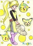  :d blonde_hair breasts chikorita85 chuchu_(pokemon) dress flat_chest hair_ornament hat hat_removed headwear_removed holding holding_hat open_mouth pichu pika_(pokemon) pikachu poke_ball pokemon pokemon_special signature smile traditional_media waist_poke_ball yellow yellow_(pokemon) yellow_background yellow_dress 