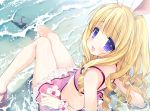  :d arm_support bikini bikini_skirt blonde_hair blush drill_hair elin_(tera) emily_(pure_dream) feet_in_water flat_chest looking_at_viewer looking_back open_mouth partially_submerged purple_eyes shoes sitting smile soaking_feet swimsuit tera_online violet_eyes water 