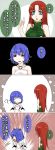  ? alternate_costume anger_vein aoshima aqua_eyes bare_shoulders blue_hair blush breasts comic dress hat hat_removed headwear_removed highres hong_meiling multiple_girls red_eyes red_hair redhead remilia_scarlet sweatdrop touhou translated translation_request wings 