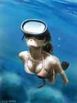  bad_id belt bikini breasts bubble cleavage closed_mouth diving diving_mask fins foreshortening freediving long_hair ocean original realistic saver_(artbysaver) swimming swimsuit traditional_media underwater weight_belt 