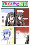  1girl 4koma bag black_hair blue_eyes blue_hair catstudio_(artist) cockroach comic empty_eyes hair_ribbon highres insect kaito long_hair missed_shot necktie open_mouth pants peter_(miku_plus) red_eyes ribbon scarf shirt short_hair smile thai translated translation_request twintails vocaloid zatsune_miku |_| 