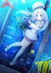  bare_shoulders blue_eyes bubble collar fish full_body hat holding long_hair original phone silver_hair snow_(gi66gotyo) solo telephone_booth underwater 