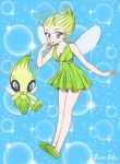 blue_background blue_eyes bubble_background celebi chikorita85 collarbone dress fairy fairy_wings flying green_dfress green_dress green_hair hand_on_own_face hands_on_own_face minidress moemon open_mouth personification pointy_hair pokemon shoes short_hair signature smile traditional_media wings 