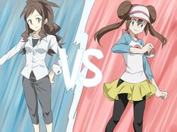  2girls alternate_costume blue_eyes brown_hair double_bun dress_shirt female_protagonist_(pokemon_bw2) maruki_(punchiki) mei_(pokemon) multiple_girls pantyhose pokemon pokemon_(game) pokemon_bw2 raglan_sleeves shirt skirt touko_(pokemon) twintails visor_cap 