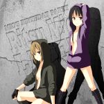  akiyama_mio black_eyes black_hair blush breasts hime_cut hoodie k-on! large_breasts long_hair multiple_girls naked_hoodie navel no_thank_you! nude short_hair sleeves_pushed_up tainaka_ritsu zasshu_tamashii 