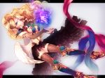  1girl angel_wings armor black_legwear blonde_hair blue_eyes boots breasts bridal_gauntlets cleavage fire fishnet_legwear fishnets flame forehead_jewel gloves greaves hair_ornament jewelry large_breasts letterboxed long_hair looking_at_viewer magic momoshiki_tsubaki multicolored_eyes nail_polish navel original ponytail purple_eyes purple_fire ribbon shoulder_pads simple_background skirt solo thighhighs tiara white_wings wings 