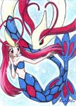  brown_eyes bubble chikorita85 creature hand_on_own_face mermaid milotic moemon monster_girl personification pokemon red_eyes red_hair redhead signature traditional_media underwater water 