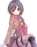  black_hair blush boots jacket mikasa_ackerman scarf shingeki_no_kyojin short_hair thigh_strap yamada_chiaki 