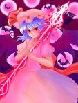  bat bat_wings blouse blue_hair bow buttons eyelashes fang full_moon hands_on_own_chest hat hat_ribbon highres light_particles light_smile lips looking_away moon purple_background red_eyes red_moon remilia_scarlet ribbon short_hair sironyan-kuronyan skirt solo spear_the_gungnir touhou wings 