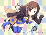  between_breasts brown_hair earring hair_ornament holding long_sleeves monster_x_dragon red_eyes thigh-highs thighhighs 