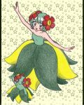  bellossom blush_stickers chikorita85 collarbone creature dancing dress floral_background floral_print green green_dress green_eyes green_hair looking_at_viewer moemon outstretched_arms personification pokemon short_hair traditional_media yellow_background 
