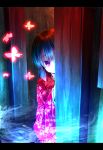  black_hair butterfly fatal_frame fatal_frame_2 fog ghost hiding highres japanese_clothes kimono letterboxed mist peeking_out purple_eyes red_eyes ryosios short_hair solo tachibana_chitose 
