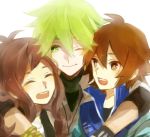  brown_hair green_hair hug laughing long_hair lowres male multiple_boys n_(pokemon) no_hat no_headwear open_mouth pokemon pokemon_(game) pokemon_bw smile tanisakiho touko_(pokemon) touya_(pokemon) wink 