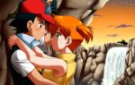  1girl aqua_eyes blush child eye_contact fingerless_gloves gloves hat hug kasumi_(pokemon) kasumi_(pokemon_ag) laura_jimenez looking_at_another orange_hair pokemon pokemon_(anime) rope satoshi_(pokemon) short_hair side_ponytail water waterfall 