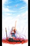  arm_up blood cloud clouds field_of_blades highres long_hair outstretched_hand pixiv_fantasia pixiv_fantasia_sword_regalia planted_sword planted_weapon ryuuzaki_itsu silver_hair sitting sky solo sword thigh-highs thighhighs very_long_hair weapon yellow_eyes 