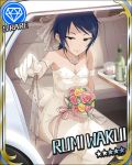  bare_shoulders black_eyes blue_hair bouquet breasts character_name cleavage collarbone diamond dress flower gloves idolmaster idolmaster_cinderella_girls jewelry necklace official_art short_hair sitting smile solo wakui_rumi wedding_dress 