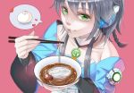 &lt;3 chopsticks eating food food_on_face green_eyes grey_hair hair_tubes luo_tianyi nikuman noodles solo soup tripletype vocaloid vocaloid_china 