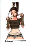  alternate_costume antenna_hair black_hair casual closed_eyes eating fingerless_gloves food gauntlets gloves happy high_ponytail ibuki meat omar_dogan ponytail shorts signature skewer smile street_fighter street_fighter_iii vambraces 