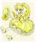  alternate_costume blush_stickers brown_eyes checkered checkered_background chikorita85 chuchu_(pokemon) dress flower frilled_dress frills green_eyes hair_flower hair_ornament hat heart heart_background holding holding_hat long_hair looking_at_viewer looking_back monochrome partially_colored pikachu pokemon pokemon_special ponytail shoes sitting spot_color star starry_background traditional_media very_long_hair yellow yellow_(pokemon) yellow_background yellow_dress 