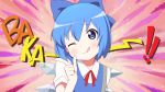  ;p blue_eyes blue_hair bow cirno hair_bow linda_b neck_ribbon parody ribbon solo style_parody tongue touhou wings wink yuru_yuri 