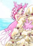  1girl :d bare_shoulders blue_eyes blue_sky chikorita85 collarbone corsola creature crown dress flower looking_at_viewer looking_away moemon ocean open_mouth personification pink_dress pokemon sky smile solo starfish traditional_media 