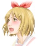  annaka_haruna bad_id blonde_hair blush green_eyes hair_ribbon highres lips nichijou open_mouth realistic ribbon shoumaru_(gadget_box) solo sweatdrop 