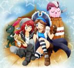  1girl ;d alternate_costume blue_eyes boots breasts brown_hair chikorita85 closed_eyes clothed_pokemon collarbone creature eyepatch eyes_closed flat_chest grey_eyes hat holding jigglypuff kneeling long_hair looking_at_viewer one_knee open_mouth pink_eyes pirate pirate_hat pokemon pokemon_special red_hair redhead serious silver_eyes smile sneasel star starry_background sword weapon wink 