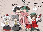  &gt;_&lt; :t animal_ears barefoot black_hair blouse bobby_socks bow braid brown_hair bunny_ears capelet cat_ears cat_tail cheek_pull cheese chen closed_eyes covering_face detached_sleeves dress eating emphasis_lines eyes_closed fang fighting green_dress green_hair grey_eyes grey_hair hair_bow hair_pull hat heart high_collar inaba_tewi inubashiri_momiji jewelry kaenbyou_rin kasodani_kyouko long_sleeves lying mouse_ears mouse_tail multiple_girls multiple_tails nazrin on_stomach open_mouth pink_background pink_dress rabbit_ears red_eyes red_hair rokunen seiza short_sleeves single_earring sitting sitting_on_person skirt smile socks standing swiss_cheese tail tail_wagging tears tokin_hat touhou twin_braids twintails vest white_hair wide_sleeves wolf_ears wolf_tail 