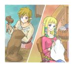  1boy 1girl blonde_hair blue_eyes bracelet jewelry knitting link long_hair mallet pointy_ears pontaaaaa princess_zelda skyward_sword smile the_legend_of_zelda 