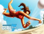  alexi barefoot beach brown_eyes brown_hair dirty_feet falling finger_wrap girl7 midriff motion_blur navel omar_dogan open_mouth original sand shiny shiny_skin shorts solo sports_bra sweat twintails volleyball 