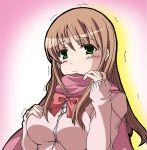  blush brown_hair cardigan green_eyes gx long_hair matsumi_yuu ribbon saki saki_achiga-hen scarf solo trembling 