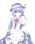  blue_hair bow curtsey food fruit hat highres hinanawi_tenshi long_hair long_skirt peach red_eyes skirt skirt_hold smile solo touhou twin_tail_rabbit very_long_hair 