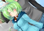  ^_^ absurdres animal_ears blush breasts cat_ears cat_tail closed_eyes collar dodome-iro_mayonnaise dodome_(sharon) eyes_closed green_hair hand_in_hair highres hoodie original petting sharon_(dodomayo) smile sunlight tail 