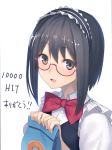  :d ac_(eshi) bag black_hair blush bow glasses hairband hits holding open_mouth original smile solo translated translation_request white_background 