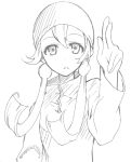  bust graphite_(medium) hat jacket kanna_nico mahou_shoujo_kazumi_magica mahou_shoujo_madoka_magica monochrome open_mouth pointing traditional_media twintails ushiki_yoshitaka 