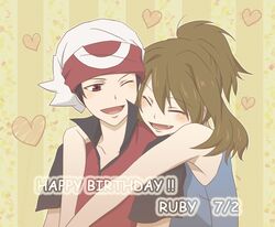  1girl black_hair blush brown_hair character_name closed_eyes couple eyes_closed fang happy_birthday hat heart highres hug hug_from_behind odamaki_sapphire pokemon pokemon_special red_eyes ruby_(pokemon) short_hair ska42824 wink 