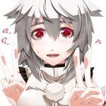  ? close-up confused double_v eyebrows face hands icf inubashiri_momiji looking_at_viewer mazuka_kei open_mouth red_eyes short_hair silver_hair simple_background solo sweatdrop touhou v white_background 
