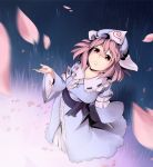  breasts cherry_blossoms grass hat japanese_clothes looking_up obi open_mouth petals pink_eyes pink_hair ribbon saigyouji_yuyuko short_hair solo tears touhou triangular_headpiece 