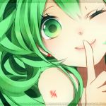  39 earrings face finger_to_mouth green_eyes green_hair hatsune_miku jewelry lowres smile solo vocaloid wink zaki127 