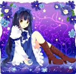  armband black_hair blue_dress boots bow cross-laced_footwear daisy dress flower flower_request frills gradient gradient_background hair_bow himemiya_sumire knee_boots legs_up lips long_hair long_sleeves looking_at_viewer parted_lips puffy_sleeves purple_background reflection ripples sitting solo star_sapphire touhou very_long_hair violet_(flower) yellow_eyes 