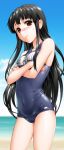  beach black_hair blush byeontae_jagga crossed_arms hime_cut houraisan_kaguya long_hair looking_at_viewer name_tag ocean school_swimsuit shiny shiny_clothes skindentation solo swimsuit touhou wet wet_clothes yellow_eyes 