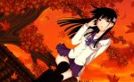  autumn black_hair jpeg_artifacts leaves long_hair red_eyes ribbons sanka_rea sankarea seifuku skirt thigh-highs tree 