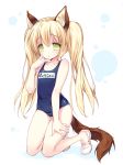  animal_ears bare_shoulders blonde_hair collarbone elin_(tera) emily_(pure_dream) green_eyes kneeling looking_at_viewer one-piece_swimsuit parted_lips school_swimsuit skindentation swimsuit tail tera_online twintails 