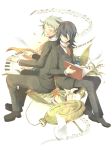  aki-t black_hair blonde_hair book closed_eyes elliot_nightray eyes_closed flower formal glasses leo_(pandora_hearts) long_hair male multiple_boys pandora_hearts short_hair smile suit 